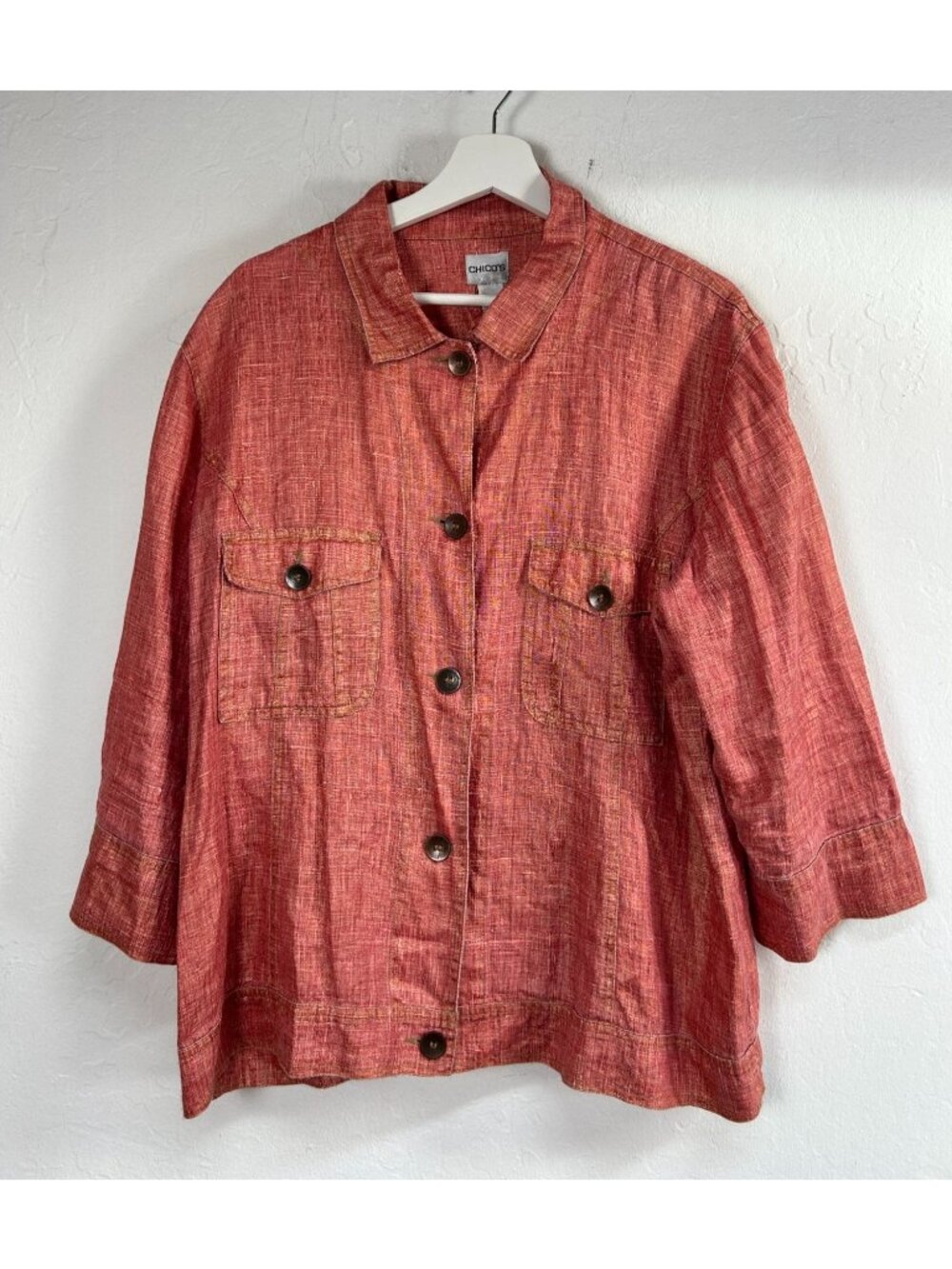 Chico’s Women’s Red Button-Front Linen Jacket Size 3 Lightweight with Pockets